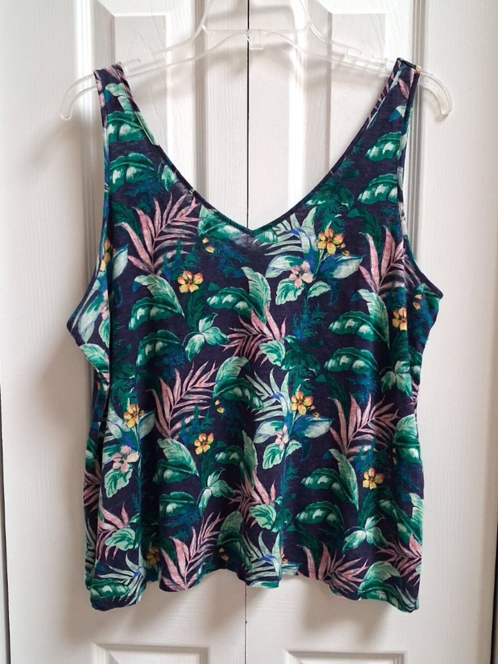 LOFT Navy Tropical Hibiscus Linen V-Neck Tank Top sz L
